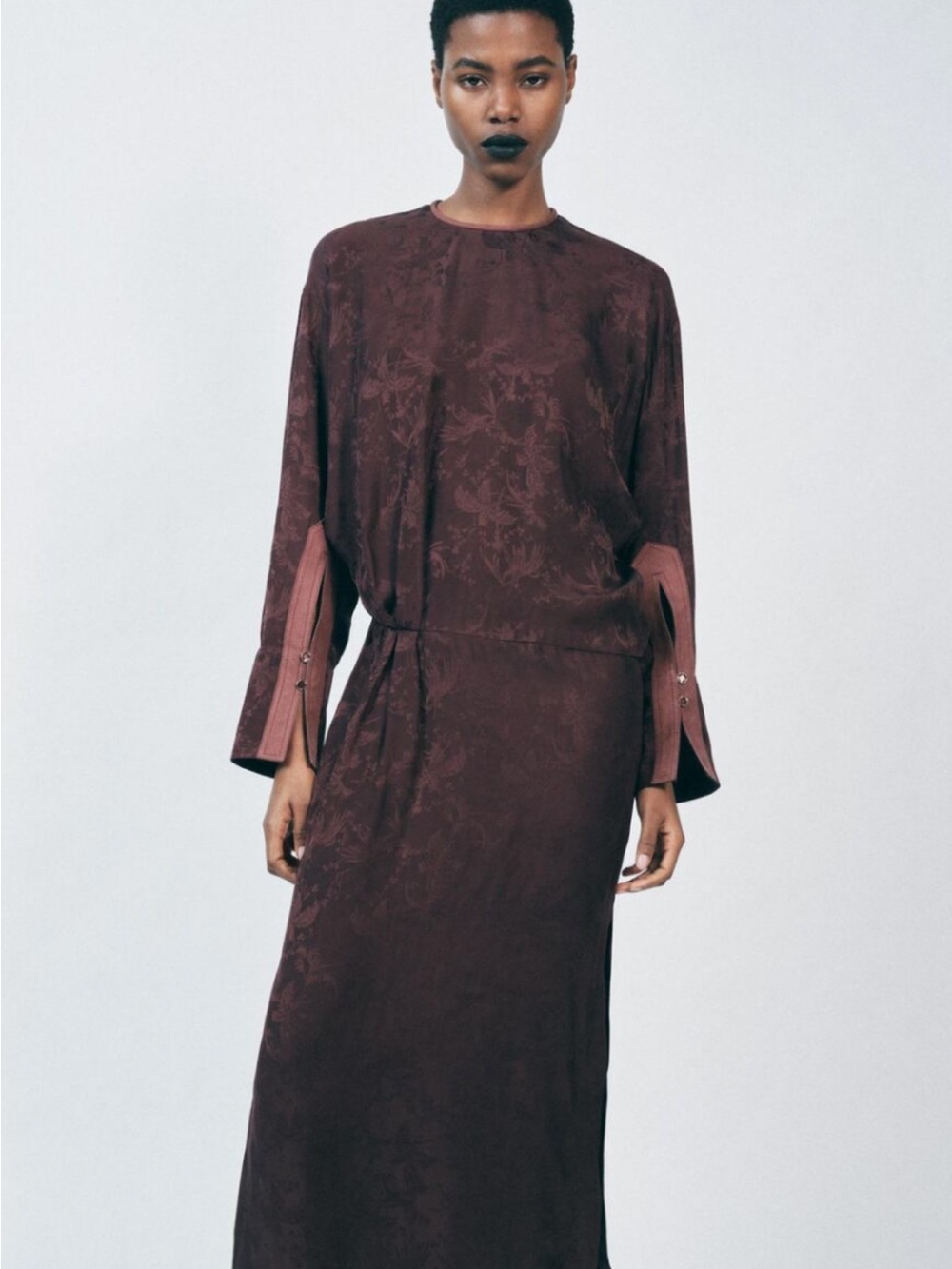 Zara Long Sleeve Mahogany Jacquard Midi Dress